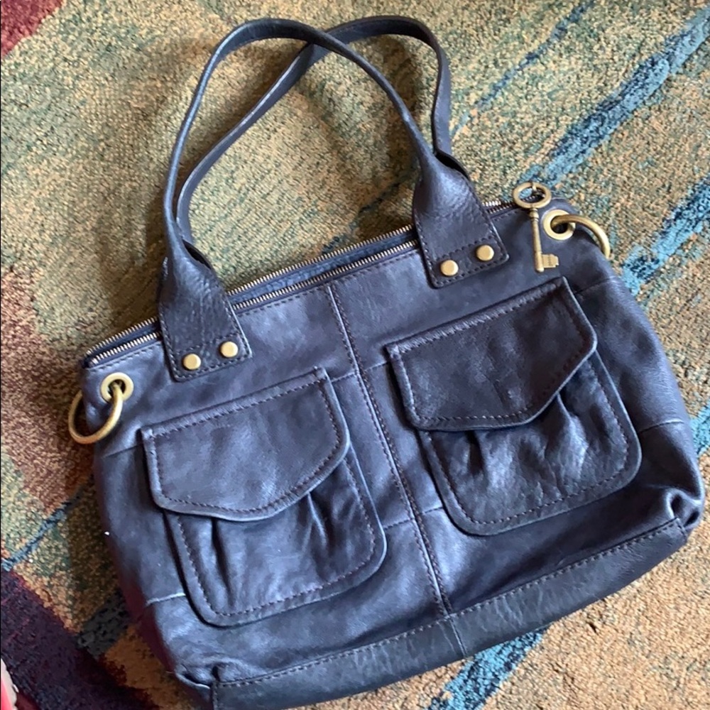 Large, soft leather Fossil handbag; deep navy